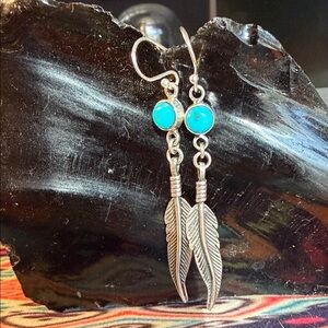 Sterling Silver Feather Earrings with Turquoise Accents